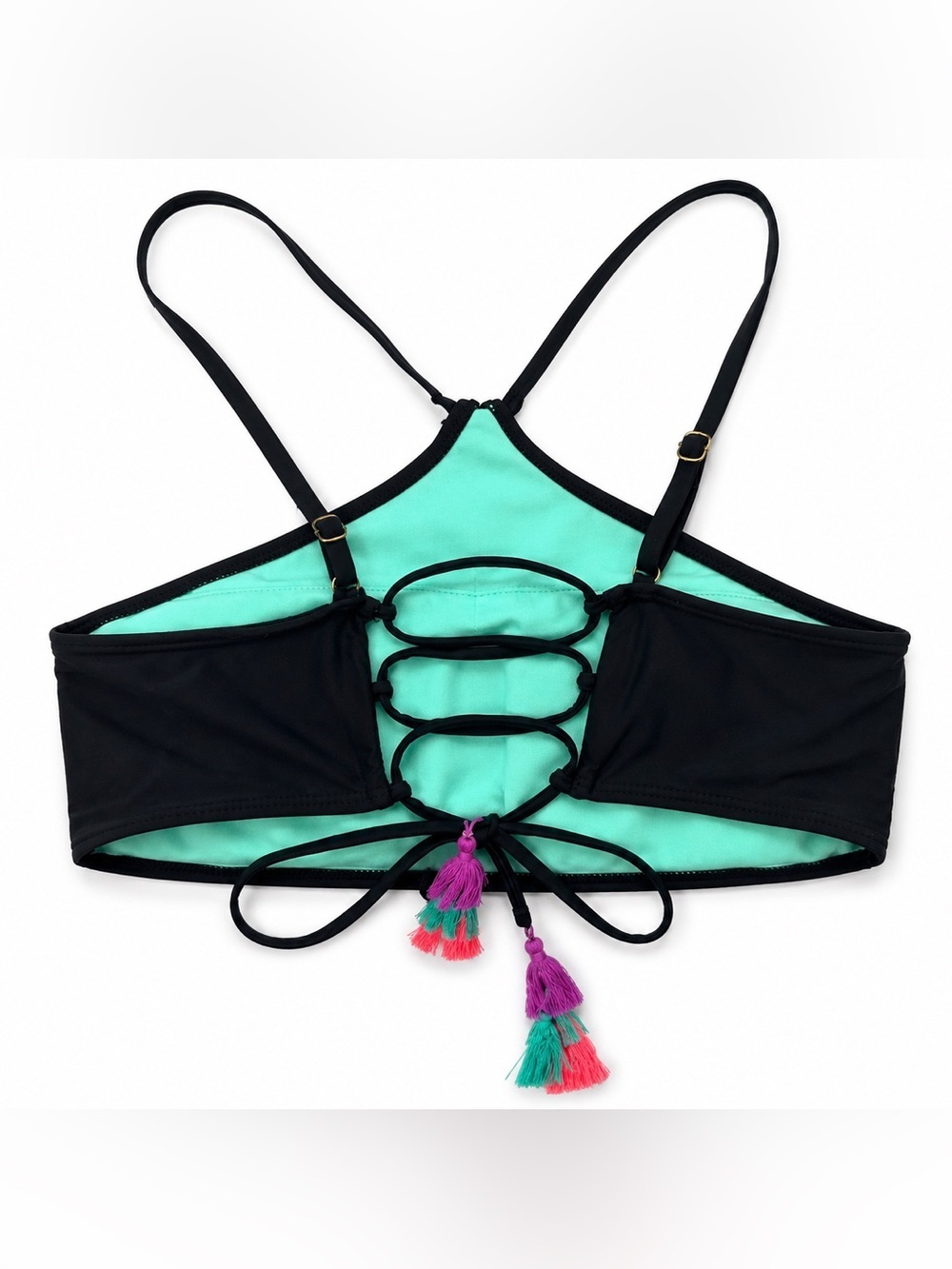 Black Strappy Bikini Top Tassel Lace Up Swim Top Size L